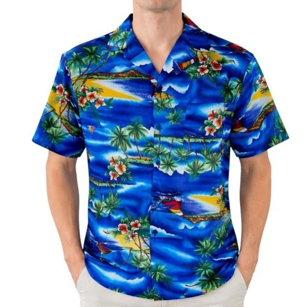 Hilo Hattie Vtg Hawaiian Aloha Shirt Medium Palms Island Wind‎ Surfing Blue